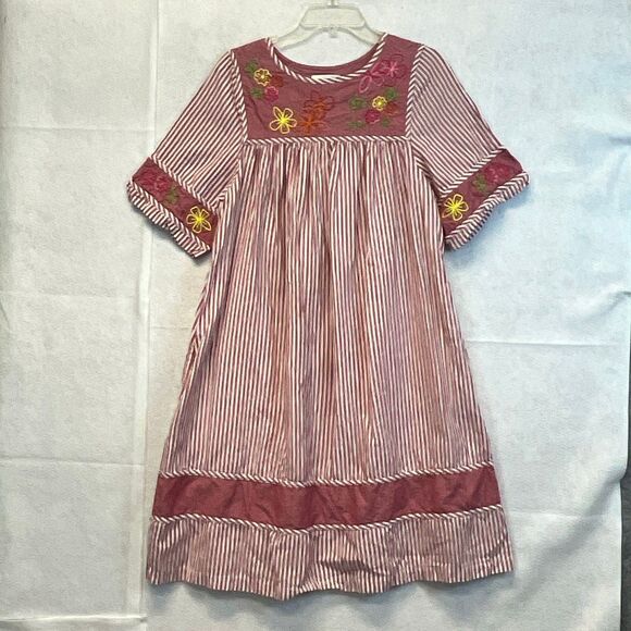 BECHAMEL Embroidered Floral Cotton Dress Small Red White Stripes Pockets Garden - Picture 2 of 15